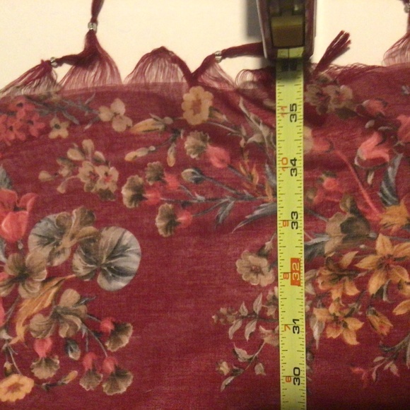 Wine coloured flower print Turkish Scarf with Tassels - Picture 3 of 5